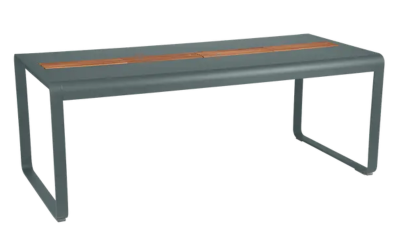 Load image into Gallery viewer, Storm grey Fermob Bellevie outdoor dining table with wood and metal design, featuring storage, seats eight comfortably.