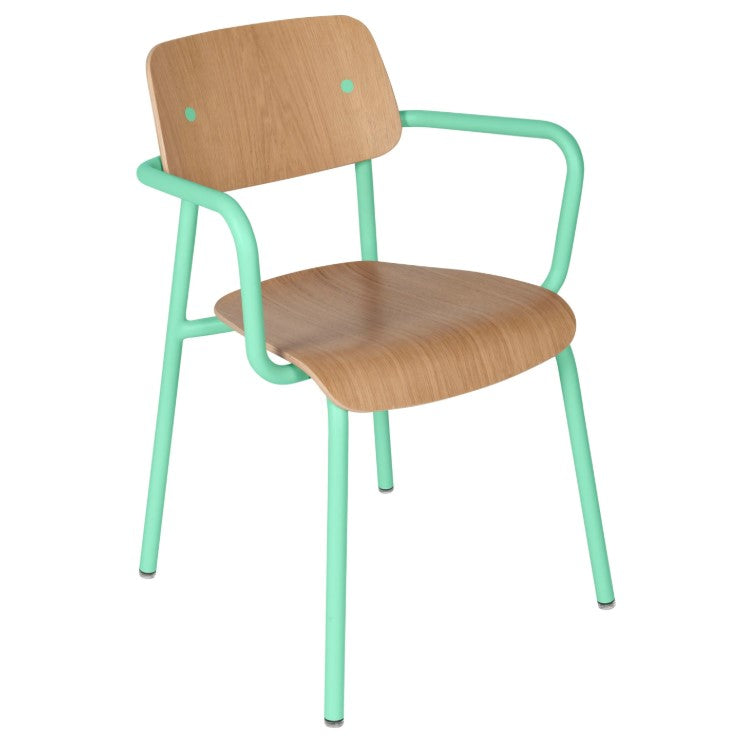 Load image into Gallery viewer, Fermob Studie Oak outdoor armchair with light green wooden frame and armrests, designed for comfortable outdoor seating.