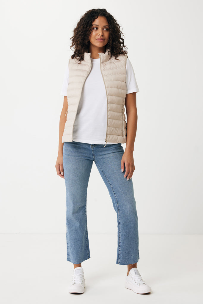 Load image into Gallery viewer, Mer women recycled polyester bodywarmer by iqoniq, showcasing a lightweight textile with a sleek, modern design in neutral tones.