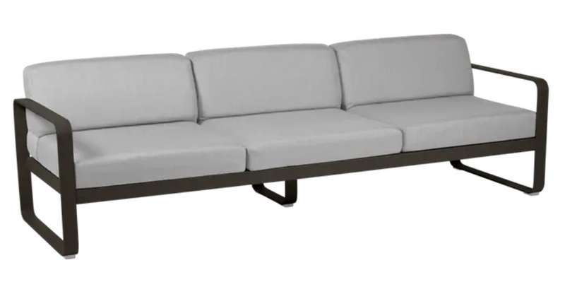 Load image into Gallery viewer, Fermob Bellevie 3-seater outdoor sofa with metal frame and grey Tonka Flanel fabric, designed for outdoor contract furniture.