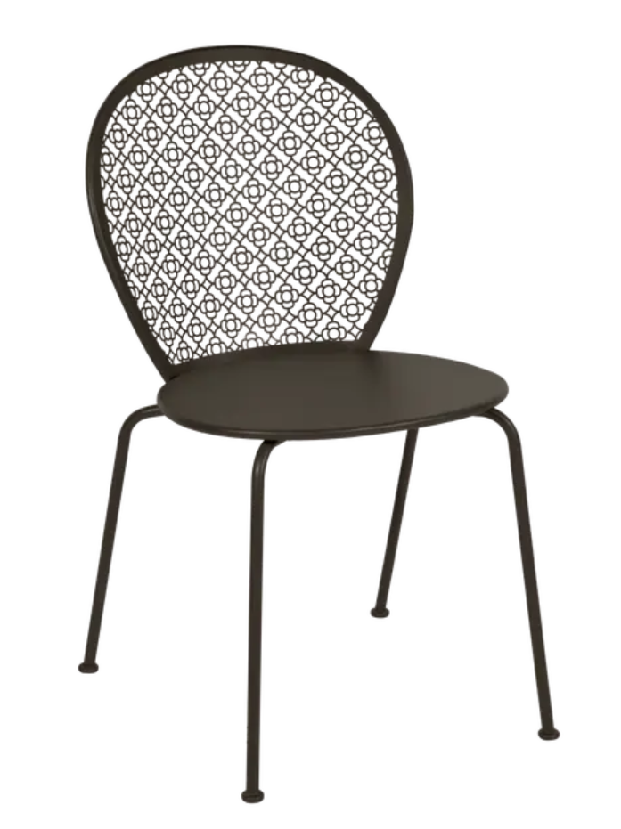 Load image into Gallery viewer, Colorful Fermob Lorette metal outdoor chair with curved armrests and slatted seat, ideal for garden or patio seating.