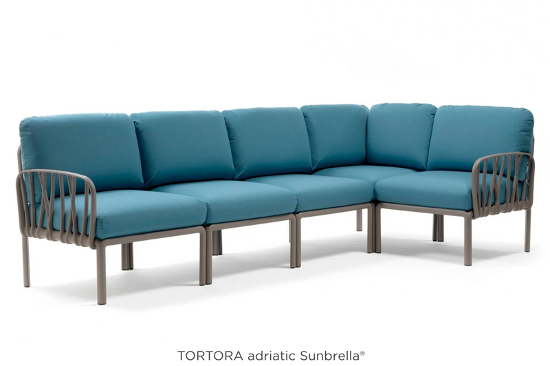 Load image into Gallery viewer, Komodo 5 Modular Outdoor Sofa by Custom Wood Designs with Tortora Adriatic Sunbrella fabric, suitable for patio and outdoor spaces.