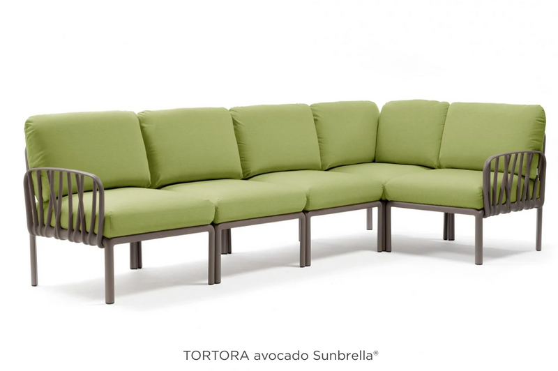 Load image into Gallery viewer, Komodo 5 Modular Outdoor Sofa by Custom Wood Designs with tortora and avocado cushions, ideal for patio or outdoor lounging.