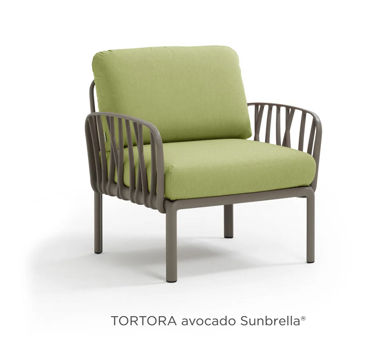 Load image into Gallery viewer, Nardi Komodo outdoor modular armchair by Custom Wood Designs, in tortora and avocado Sunbrella fabric, part of outdoor sofa collection.