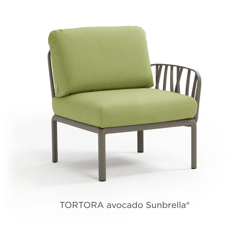 Load image into Gallery viewer, Nardi Komodo Terminal Module outdoor sofa in tortora and avocado Sunbrella fabric, modular design for outdoor seating.