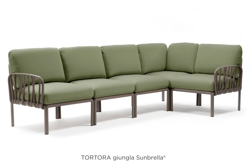 Load image into Gallery viewer, Komodo 5 modular outdoor sofa by Custom Wood Designs, featuring tan fabric cushions and a sturdy wooden frame for patio lounging.