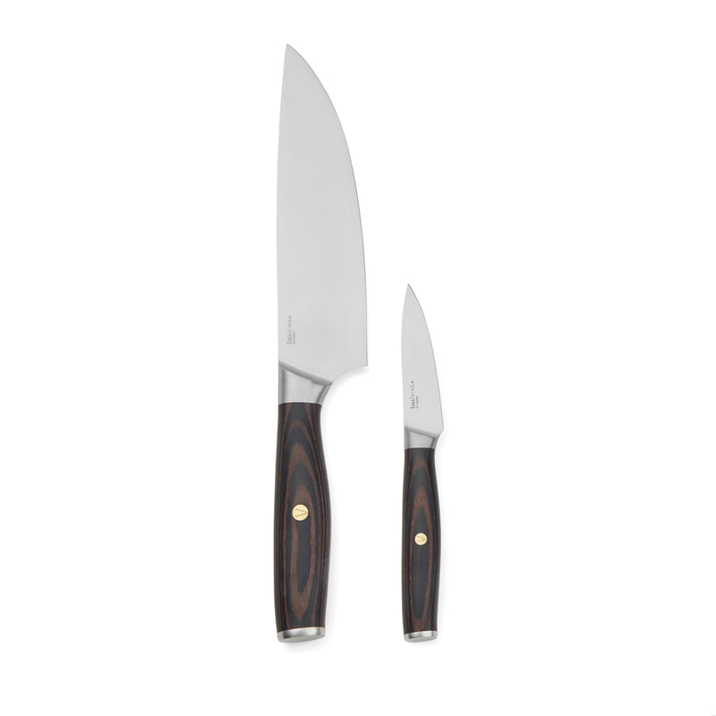 Load image into Gallery viewer, Vinga Tara steel chef's set with multiple kitchen utensils displayed on a countertop, ideal for home cooking and culinary tasks.