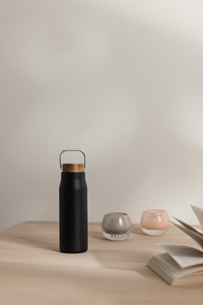 Load image into Gallery viewer, Vinga Ciro RCS recycled vacuum bottle 300ml in stainless steel with a black lid, designed for eco-friendly drinkware.