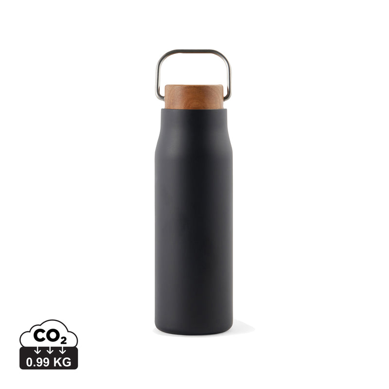 Load image into Gallery viewer, Vinga Ciro RCS recycled 300ml vacuum bottle in sleek stainless steel with a black lid, designed for hot and cold beverages.
