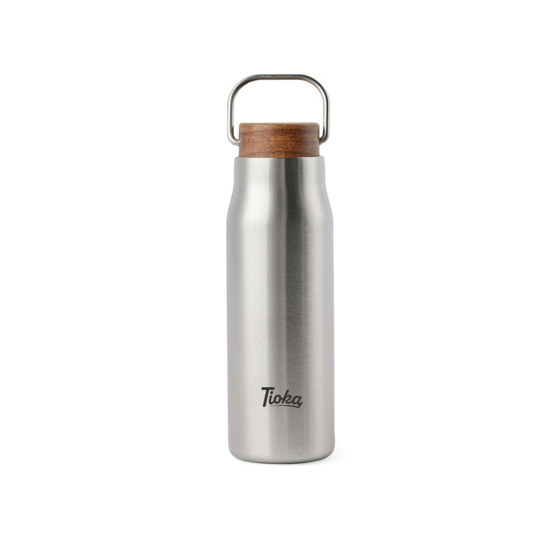 Load image into Gallery viewer, Vinga Ciro RCS recycled vacuum bottle 300ml in stainless steel with a black lid, designed for hot and cold beverages.