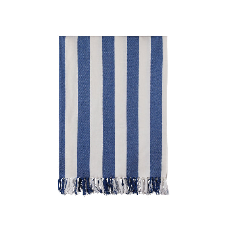 Load image into Gallery viewer, Vinga Ornos GRS recycled cotton hammam towel in blue and white, with intricate traditional patterns, draped on a wooden surface.
