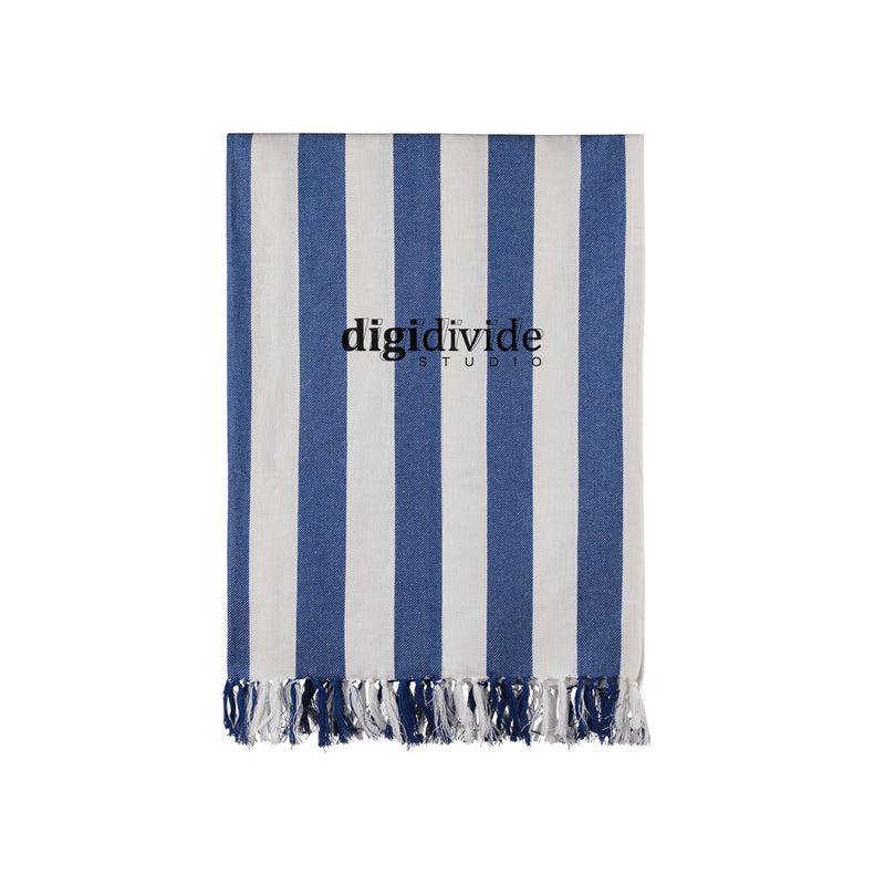 Load image into Gallery viewer, Vinga Ornos GRS recycled cotton hammam towel with blue and white striped pattern, draped on a wooden surface.