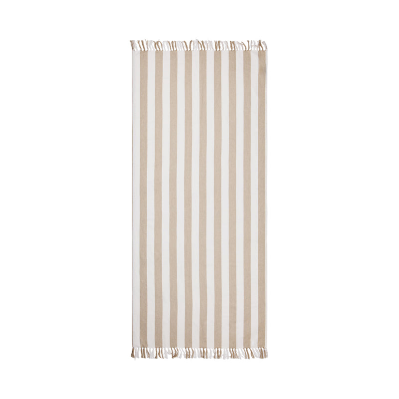 Load image into Gallery viewer, Vinga Ornos GRS recycled cotton hammam towel draped on a wooden bench, showcasing its textured, eco-friendly design.