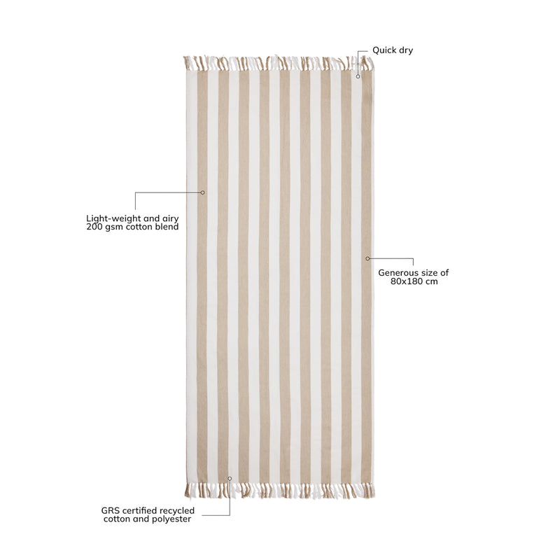 Load image into Gallery viewer, Vinga Ornos GRS recycled cotton hammam towel with striped pattern, displayed folded on a wooden surface in a home setting.