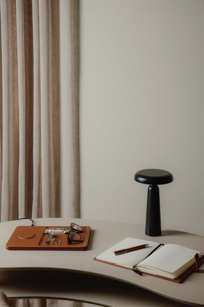 Load image into Gallery viewer, Vinga Avery RCS table lamp in black with adjustable arm, tools and torch style design, ideal for workspace or bedside lighting.