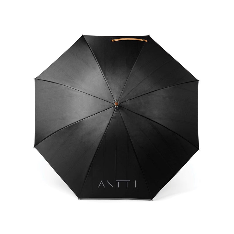 Load image into Gallery viewer, Vinga recycled pet 23-inch umbrella open, featuring a black canopy and sturdy metal frame for rain protection.