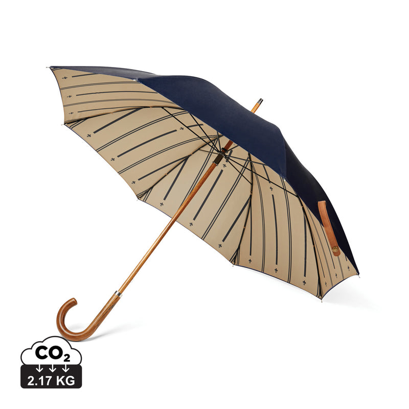 Load image into Gallery viewer, Vinga recycled pet 23-inch umbrella open, showcasing green eco-friendly canopy and sturdy black handle.