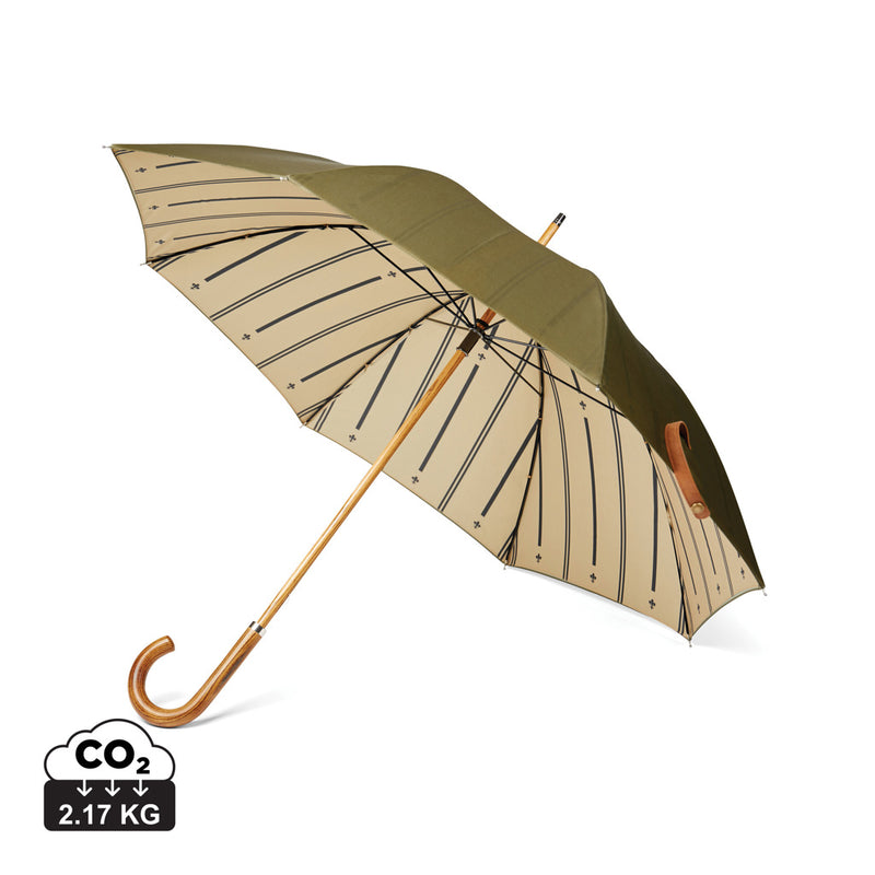Load image into Gallery viewer, Vinga recycled pet 23-inch umbrella open, showcasing eco-friendly design with colorful canopy and sturdy handle.