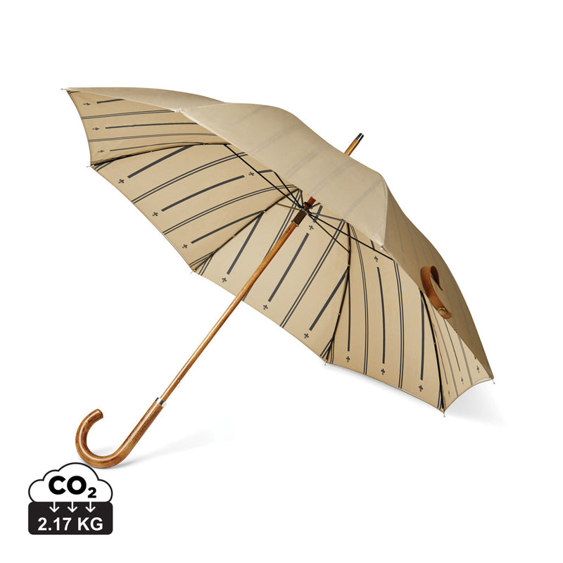 Load image into Gallery viewer, Vinga recycled pet 23-inch umbrella open, showcasing eco-friendly design and vibrant fabric with a sturdy handle.