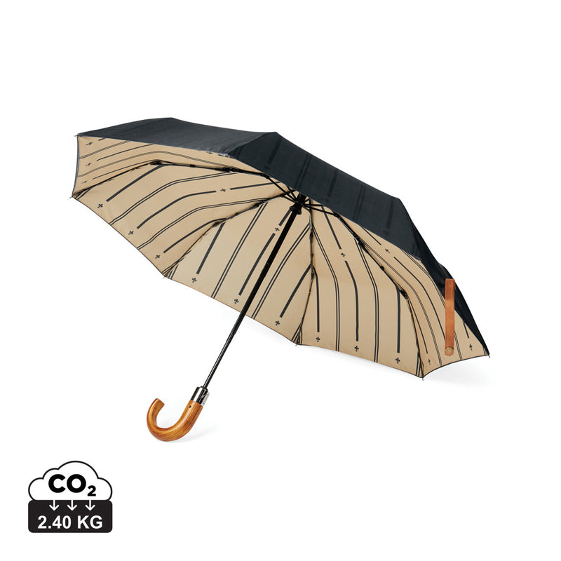 Load image into Gallery viewer, Vinga recycled pet 21-inch foldable umbrella open, showing green canopy with compact design and handle.