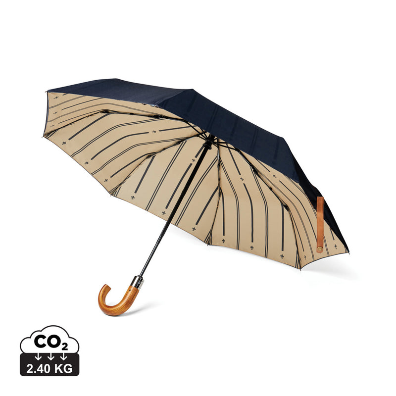 Load image into Gallery viewer, Vinga recycled pet 21-inch foldable umbrella open, showcasing eco-friendly design and compact size for rain protection.
