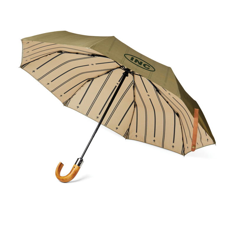 Load image into Gallery viewer, Vinga recycled pet 21-inch foldable umbrella open, showing green canopy and compact design for easy portability.