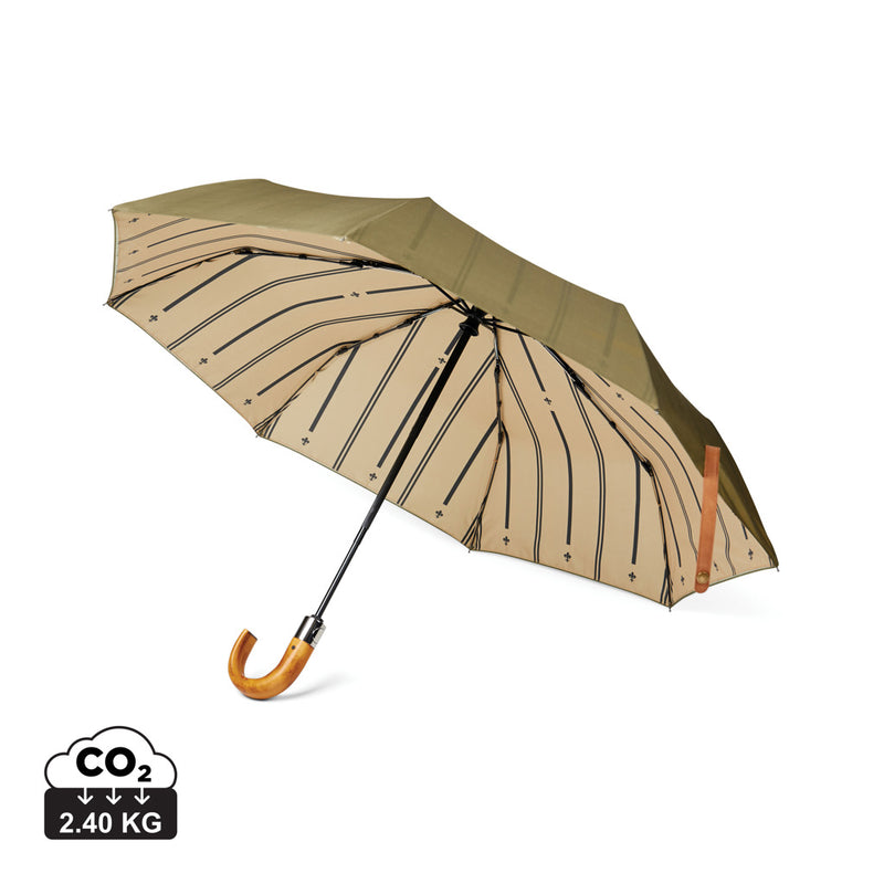 Load image into Gallery viewer, Vinga recycled pet 21-inch foldable umbrella open with green canopy and black handle, lightweight and portable for rain protection.
