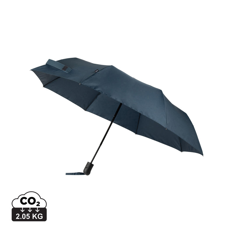 Load image into Gallery viewer, Vinga Baltimore AWARE™ RPET 21-inch umbrella open with black canopy and curved handle, showcasing eco-friendly design.