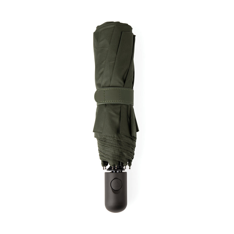 Load image into Gallery viewer, Vinga Baltimore AWARE™ RPET 21-inch umbrella open with navy canopy and curved handle, showcasing eco-friendly design and sturdy construction.