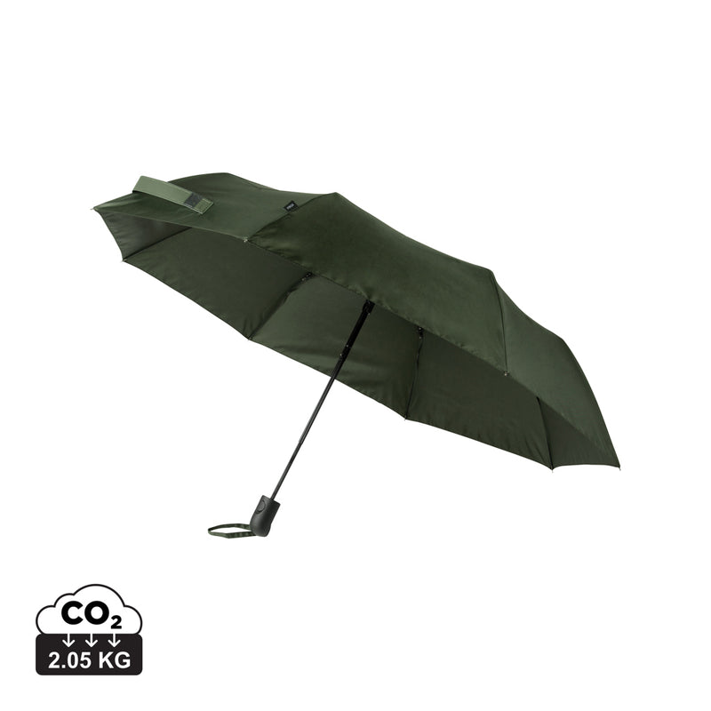 Load image into Gallery viewer, Vinga Baltimore AWARE™ RPET 21-inch umbrella open with green canopy and curved handle, showcasing eco-friendly design.