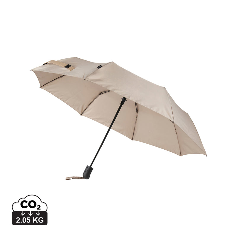 Load image into Gallery viewer, Vinga Baltimore AWARE™ RPET 21-inch umbrella open with navy canopy and curved handle, shade visible in the image.