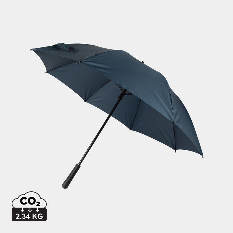 Load image into Gallery viewer, Vinga Baltimore AWARE™ RPET 23-inch umbrella open, featuring a compact design with a black canopy and ergonomic handle.