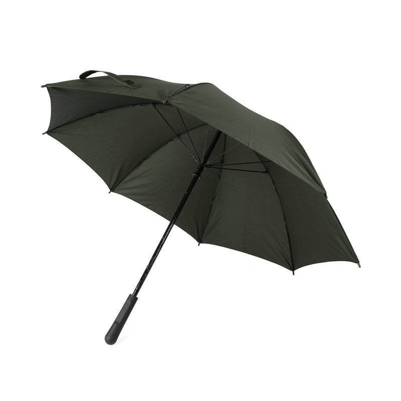 Load image into Gallery viewer, Vinga Baltimore AWARE™ RPET 23-inch umbrella open with green canopy and black handle, showcasing eco-friendly design and sturdy frame.
