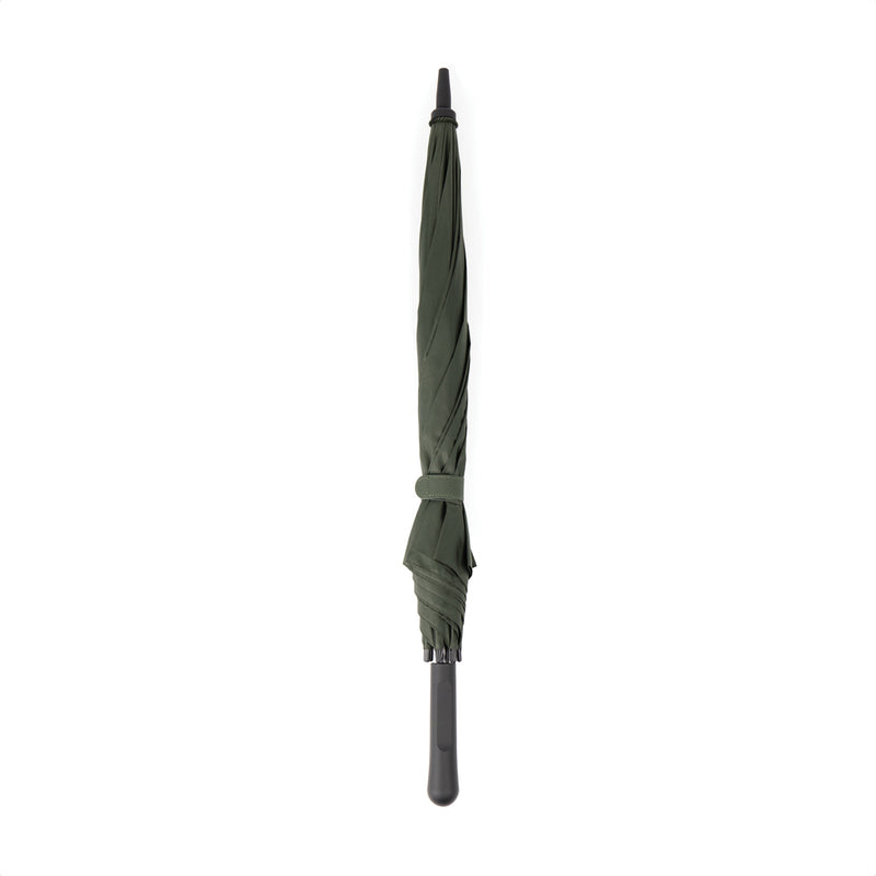 Load image into Gallery viewer, Vinga Baltimore AWARE™ RPET 23-inch umbrella open with green canopy and curved handle, showcasing eco-friendly design and sturdy construction