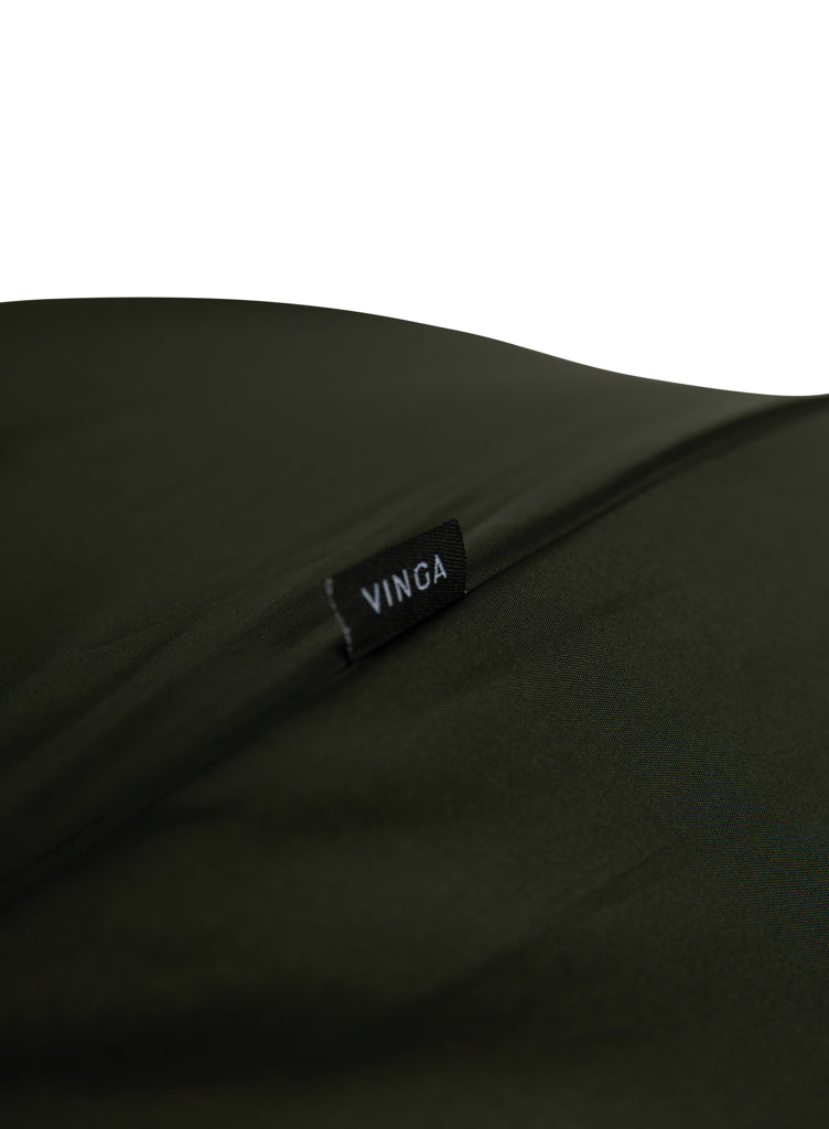 Load image into Gallery viewer, Vinga Baltimore AWARE™ RPET 23-inch umbrella open with green canopy and curved handle, showcasing eco-friendly design.