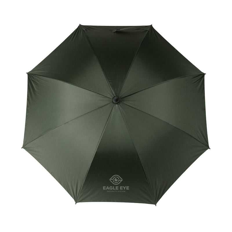 Load image into Gallery viewer, Vinga Baltimore AWARE™ RPET 23-inch umbrella open with blue canopy and curved handle, showcasing eco-friendly design.