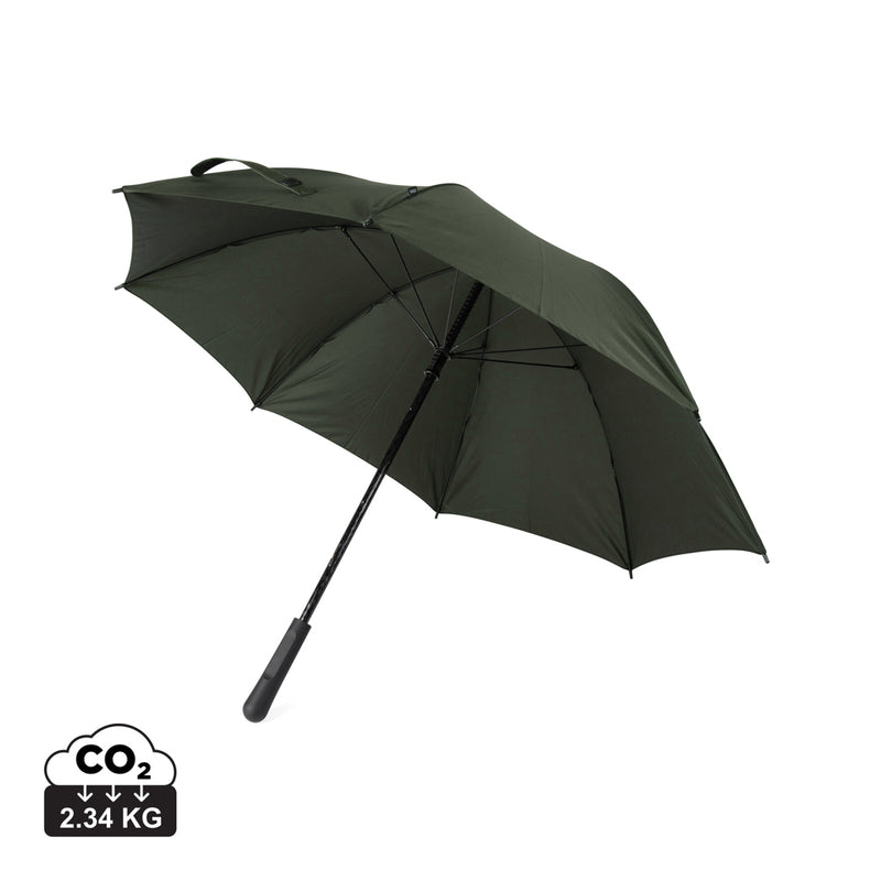 Load image into Gallery viewer, Vinga Baltimore AWARE™ RPET 23-inch umbrella open with navy canopy and curved handle, eco-friendly rain protection.