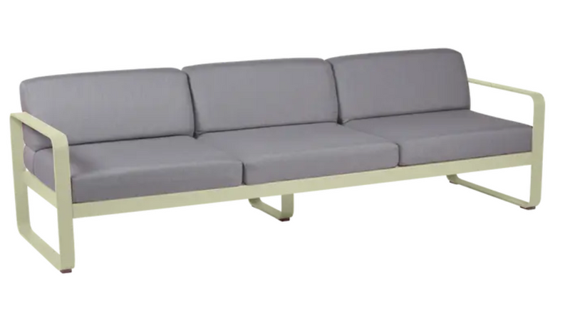 Load image into Gallery viewer, Willow green and flannel grey Fermob Bellevie outdoor 3-seater sofa with metal frame, perfect for patio or garden seating.