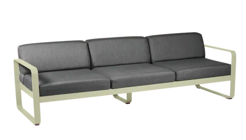 Load image into Gallery viewer, Willow green and graphite grey Fermob Bellevie 3-seater outdoor sofa with metal frame, designed for outdoor patio or garden spaces.