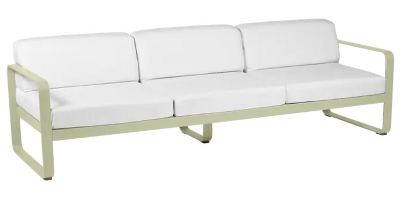 Load image into Gallery viewer, Willow green and off-white Fermob Bellevie 3-seater outdoor sofa with metal frame, stylish outdoor furniture for garden or patio.