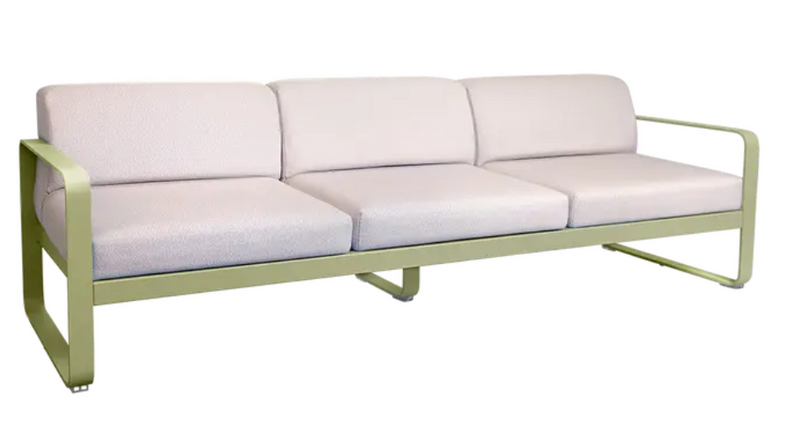 Load image into Gallery viewer, Willow green Pearl Fermob Bellevie 3-seater outdoor metal sofa with modern design, perfect for garden or patio seating.