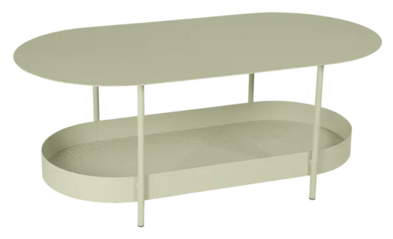 Load image into Gallery viewer, Willow green Fermob Salsa low table measuring 113x58cm, featuring a sleek, modern design for indoor or outdoor use.