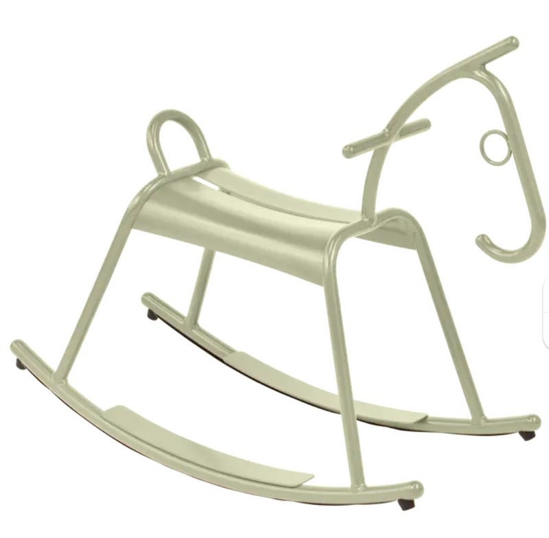Load image into Gallery viewer, Willow green and white Fermob ADADA rocking horse for kids' restaurant corner, part of Fermob kids furniture collection.