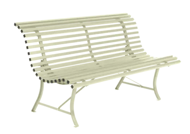 Load image into Gallery viewer, Louisiane 150cm outdoor folding bench by Fermob, featuring a willow green steel frame and wooden slats for outdoor seating.