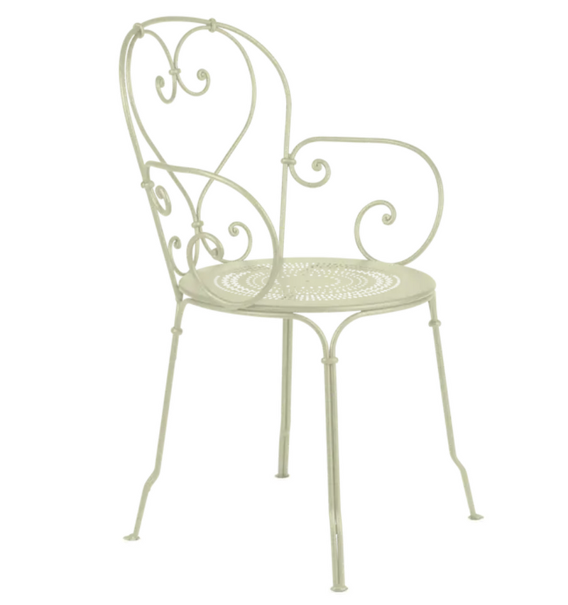 Load image into Gallery viewer, Willow green Fermob 1900 lounge armchair with curved metal frame and slatted seat, ideal for outdoor patio relaxation.