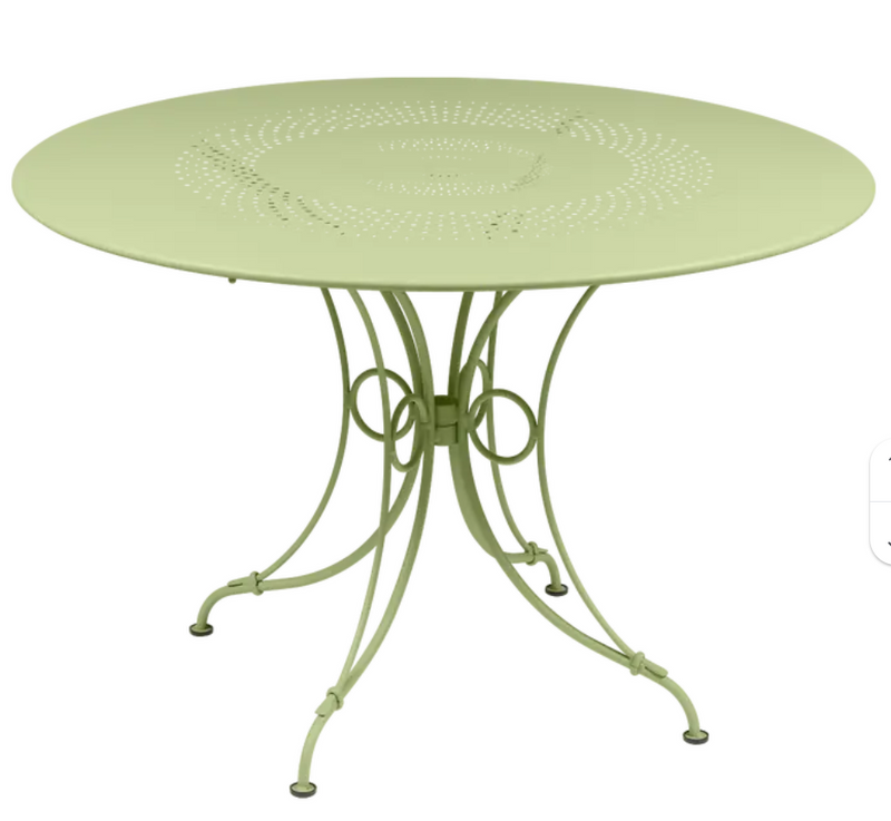 Load image into Gallery viewer, Willow Green Fermob 1900 outdoor round table with 117cm diameter, metal design, suitable for garden or patio seating.