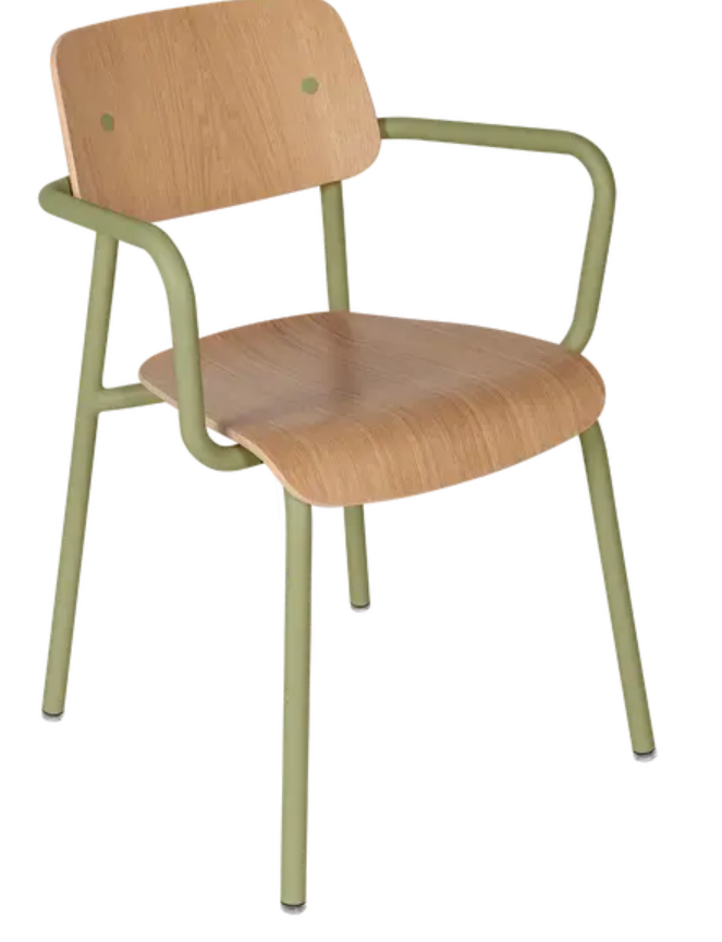 Load image into Gallery viewer, Willow green Fermob Studie Oak outdoor armchair with wooden arms, suitable for garden or patio seating.