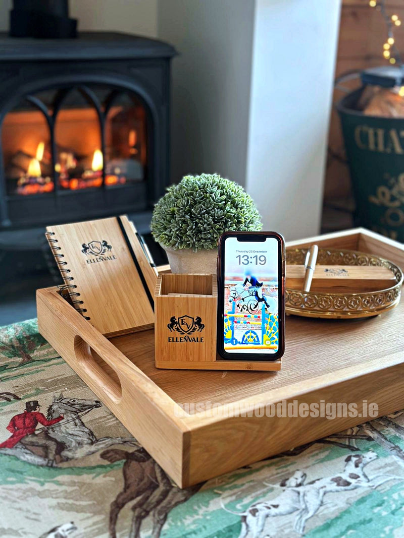 Load image into Gallery viewer, Set of 25 wooden bamboo wireless chargers for phones by Custom Wood Designs, featuring personalized logo phone holder design.
