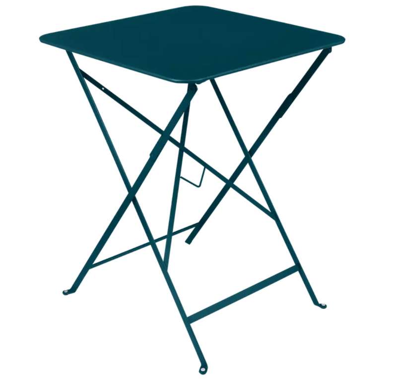 Load image into Gallery viewer, Fermob blue foldable metal bistro table with 57x57 cm size, suitable for outdoor use.