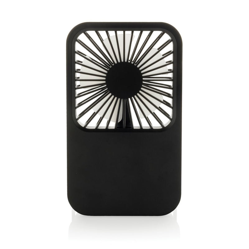 Load image into Gallery viewer, Aervina RCS recycled plastic re-chargeable desk fan - Custom Wood DesignsAervina RCS recycled plastic rechargeable desk fan from XD Collection, shown on a desk with a modern design.Phone & Tablet accessoriesP457.0801Recycled ABSblack